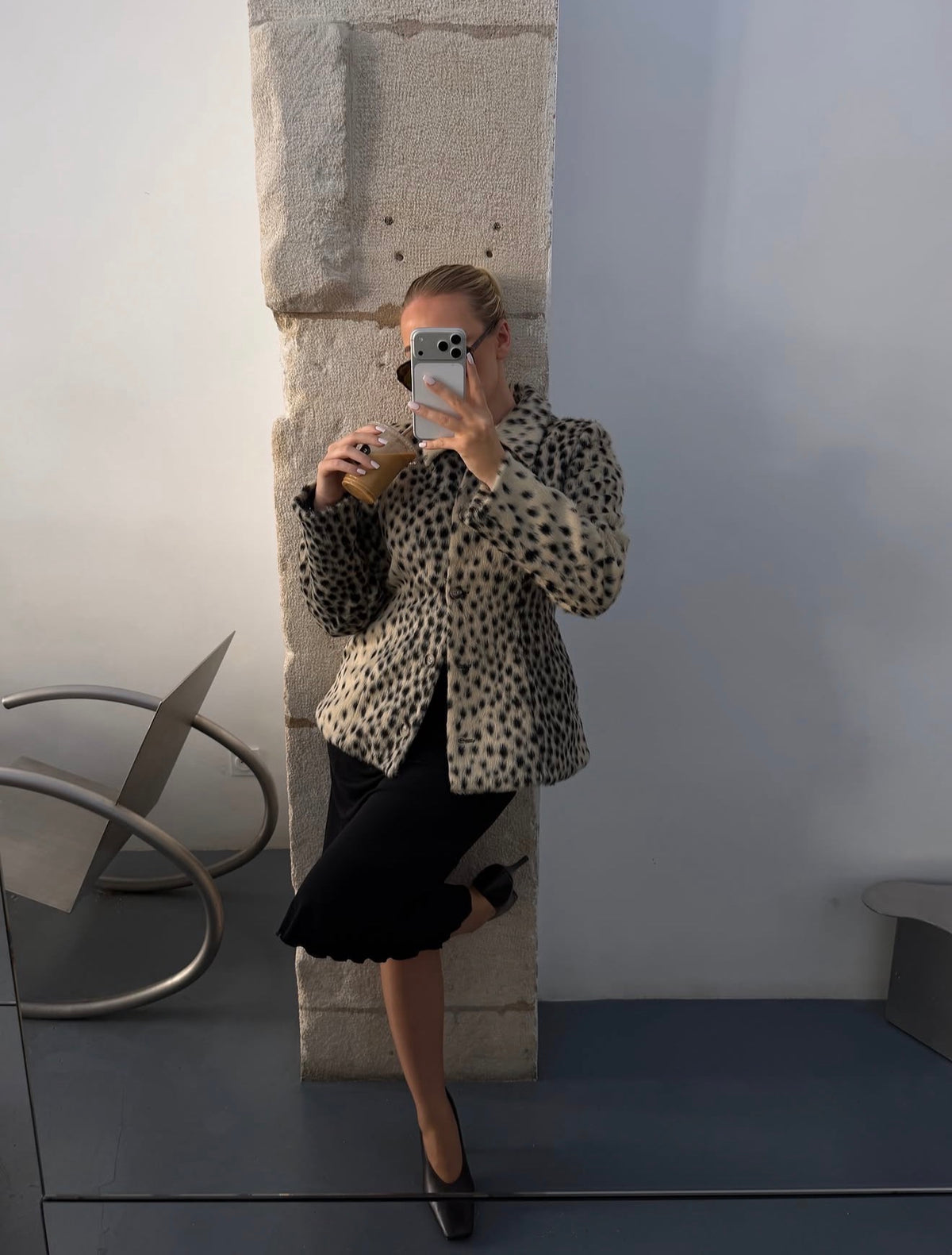 Leopardenmuster Revers Kunstfellmantel