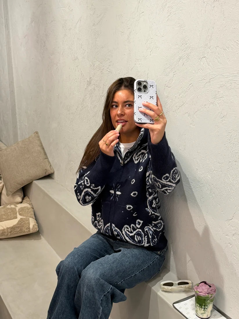 Lässige Paisley Zip-Up Strickjacke