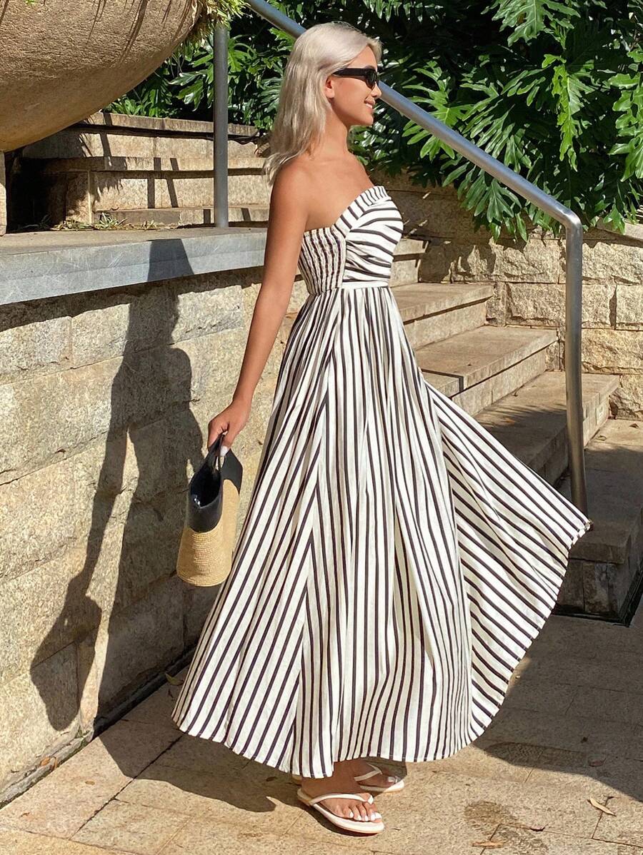 Annie – Gestreiftes Bandeaukleid mit Raffungen