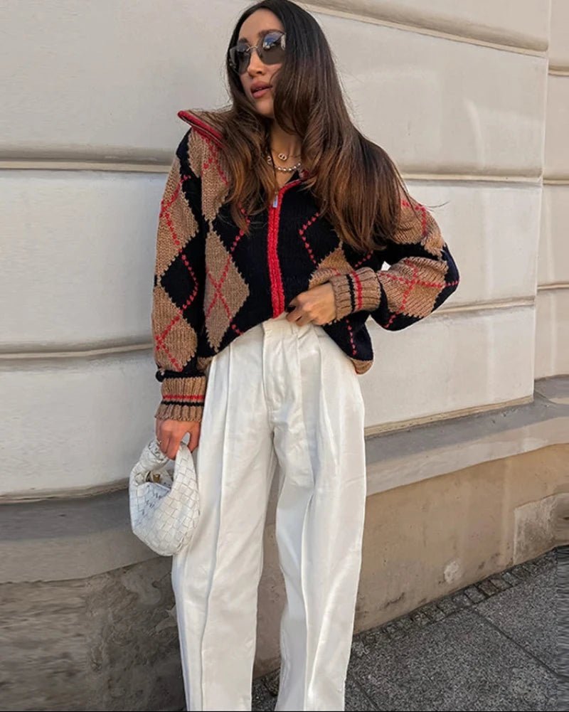 Gerippte Strickjacke mit Argyle-Muster und Reißverschluss