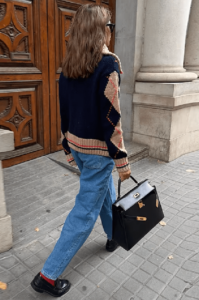Gerippte Strickjacke mit Argyle-Muster und Reißverschluss