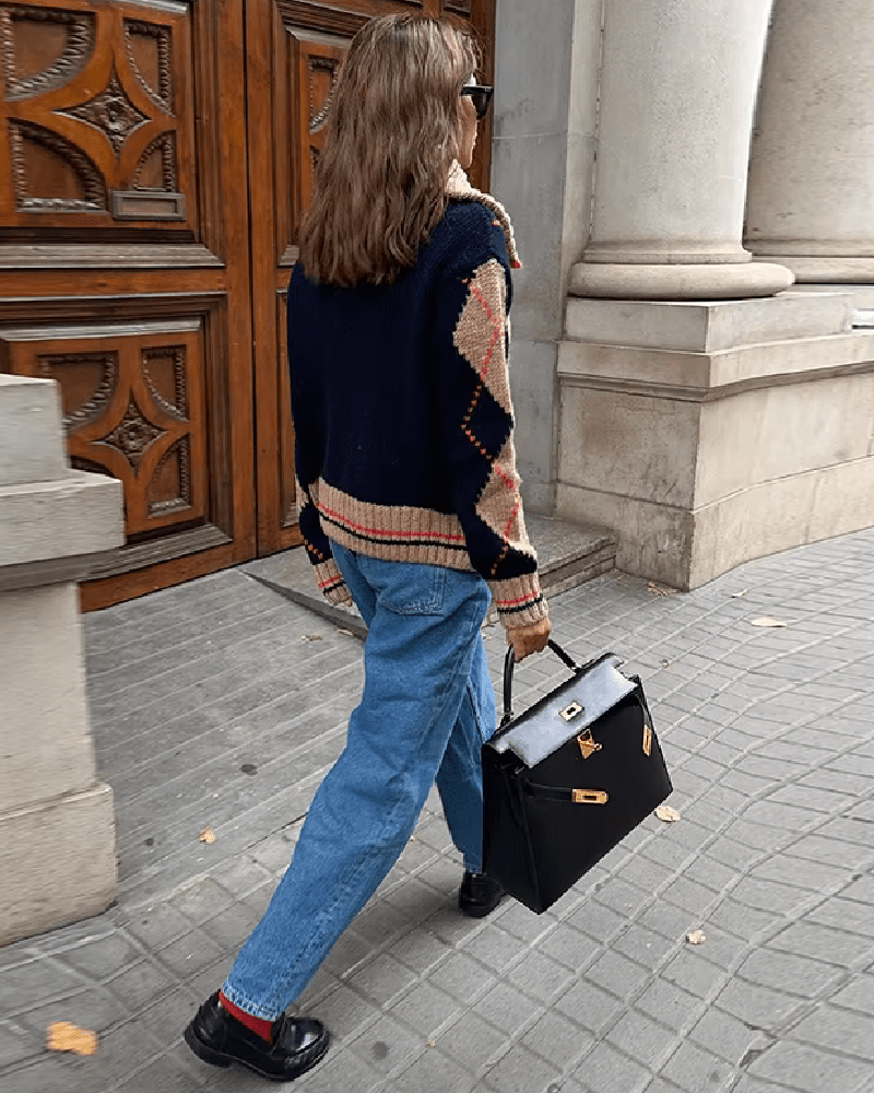 Gerippte Strickjacke mit Argyle-Muster und Reißverschluss
