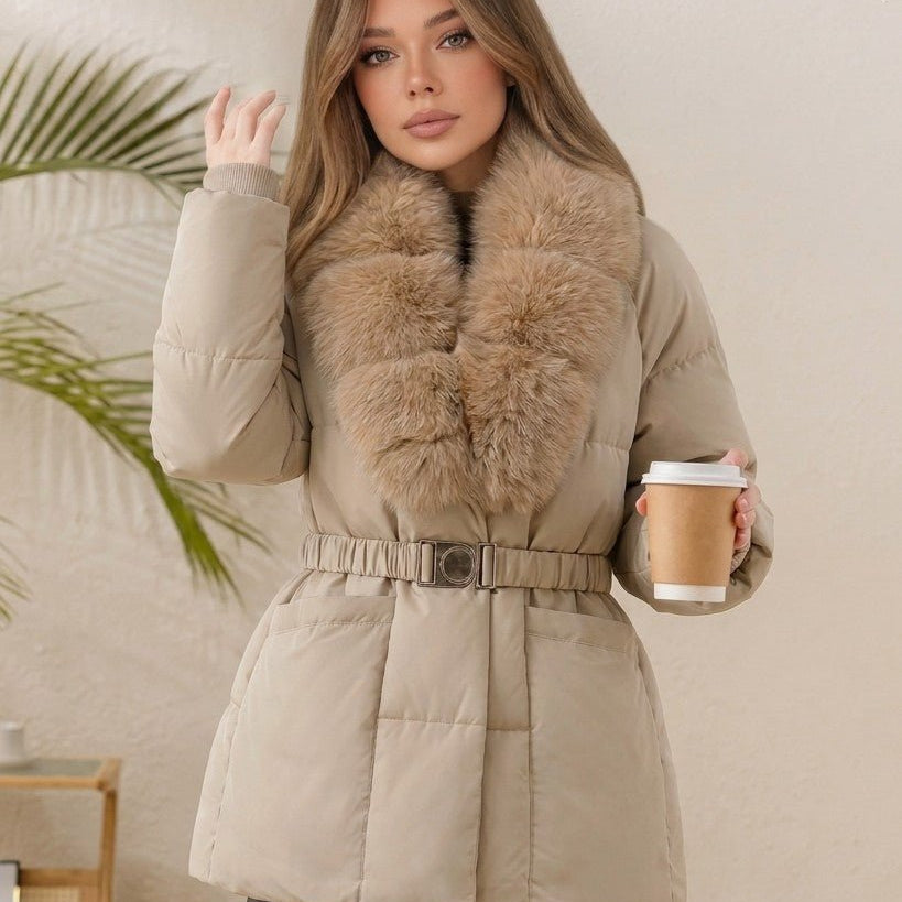 Parka mit Gürtel, Kunstfellkragen und Steppung