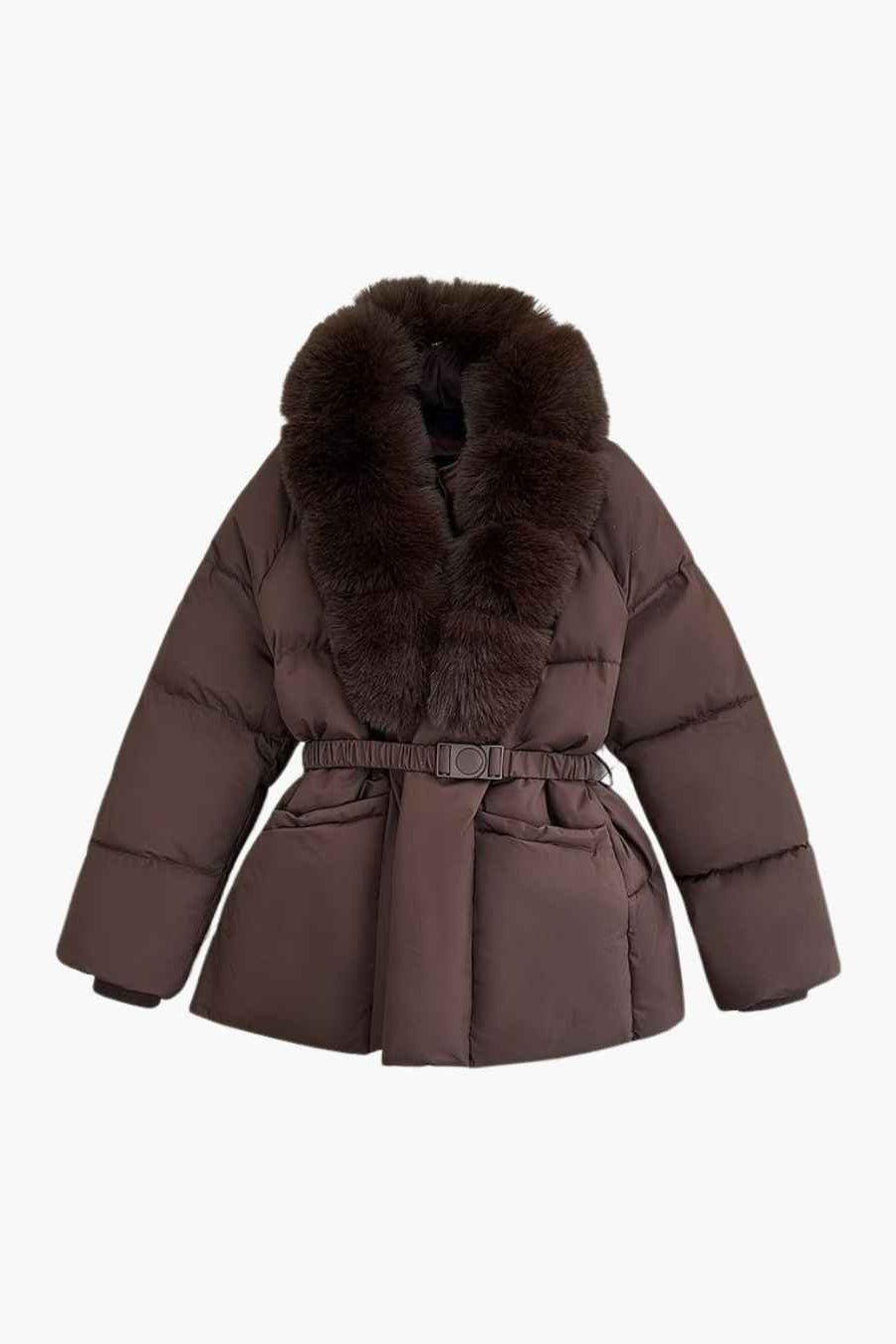 Parka mit Gürtel, Kunstfellkragen und Steppung
