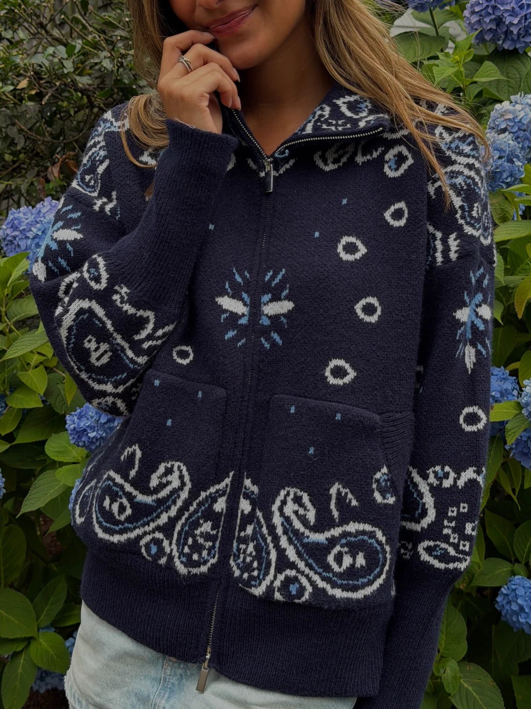Lässige Paisley Zip-Up Strickjacke