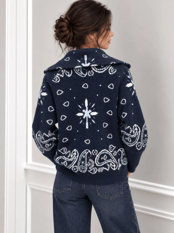 Lässige Paisley Zip-Up Strickjacke
