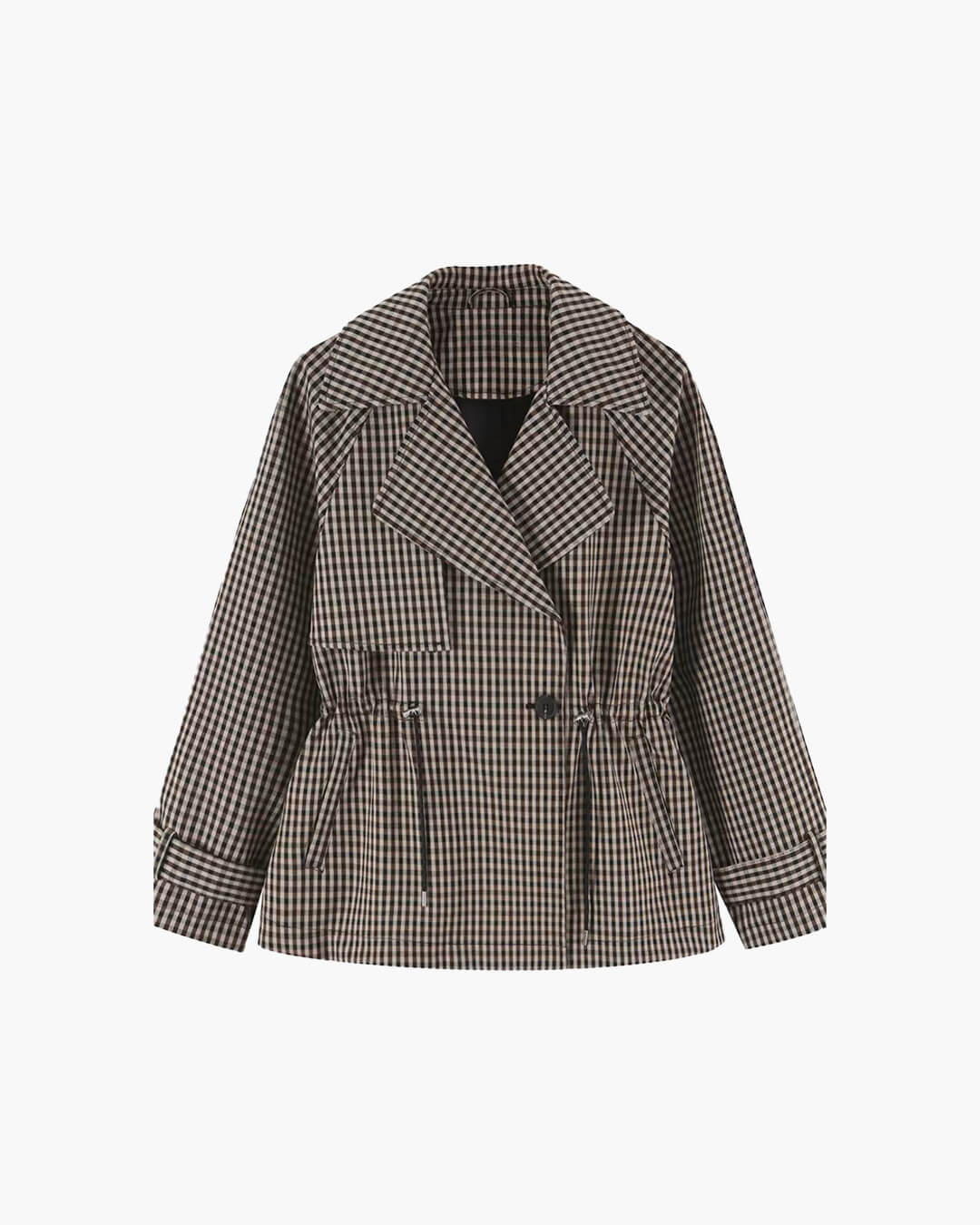 Klassischer kurzer Trenchcoat aus Vichykaro mit Kordelzug