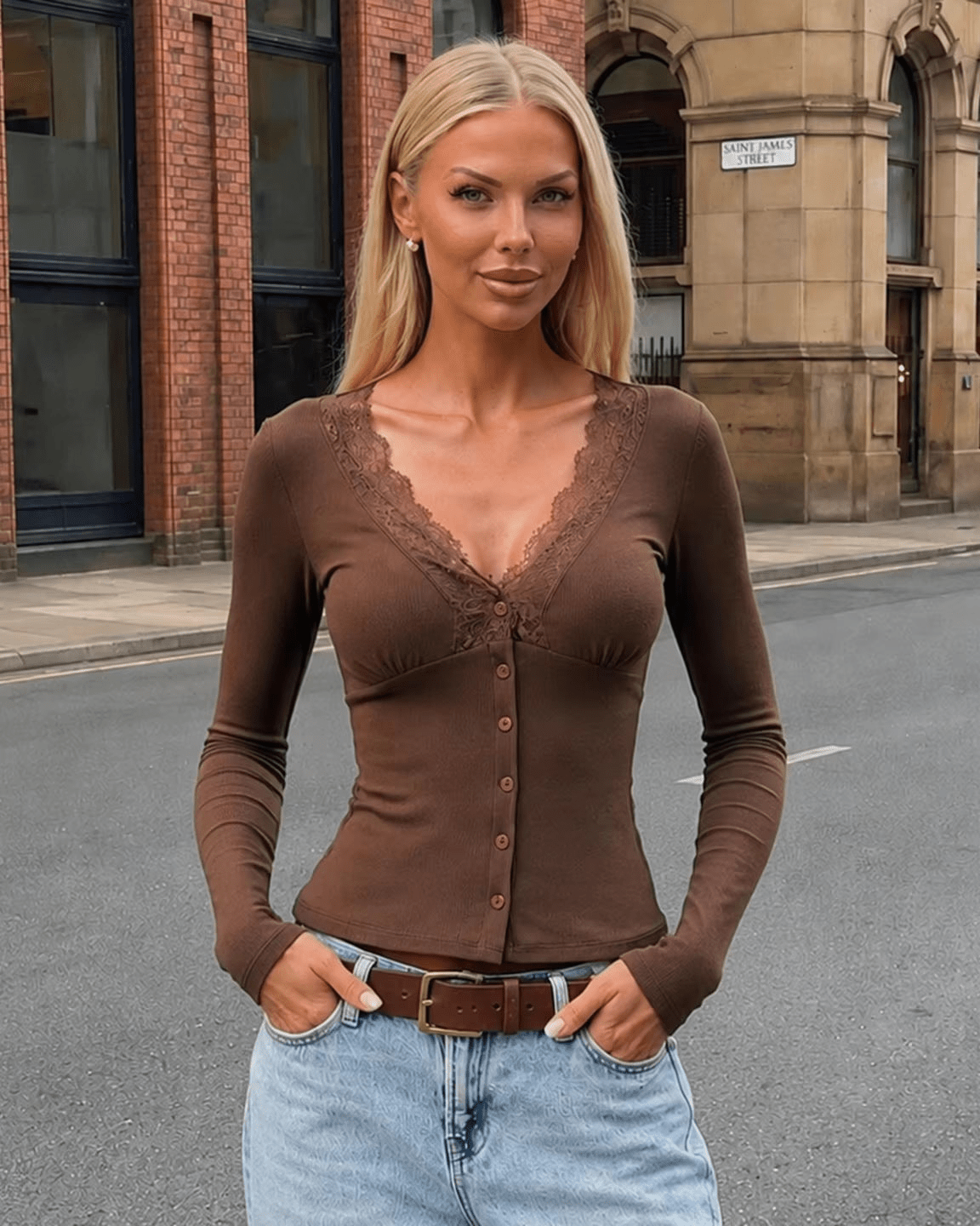 Klassische schmale Henley-Strickjacke mit Spitzenbesatz