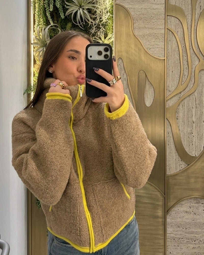 Strickjacke mit Kontrastbesatz und Reißverschluss