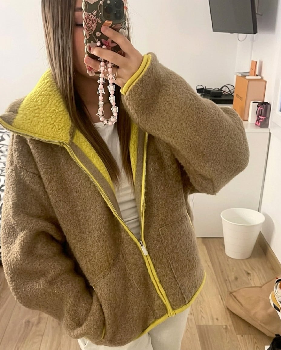 Strickjacke mit Kontrastbesatz und Reißverschluss
