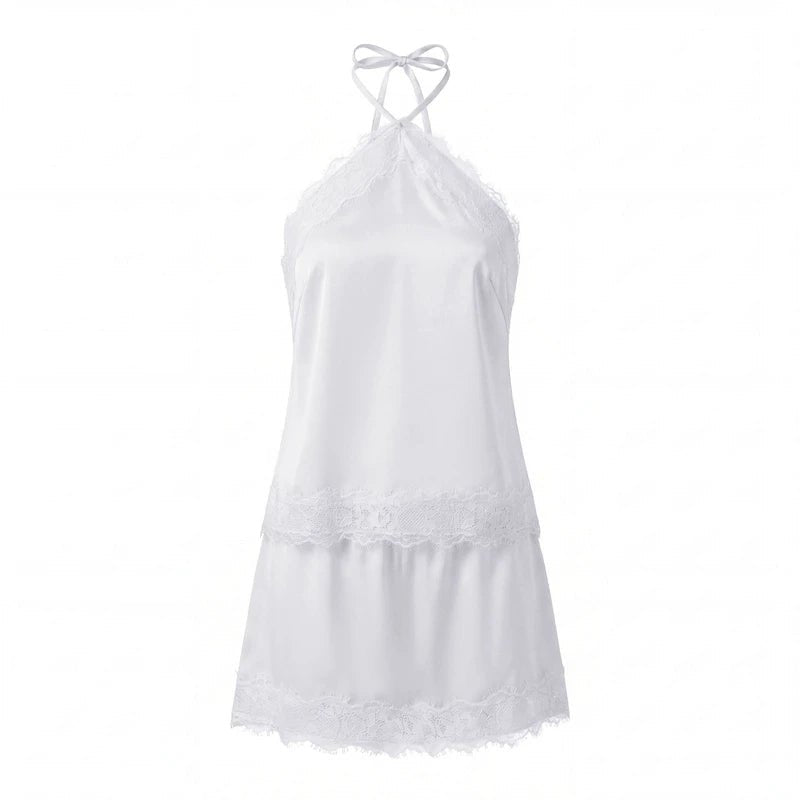 OLANE Dahlia Satin Lace Halter Cami Set BlackSTop