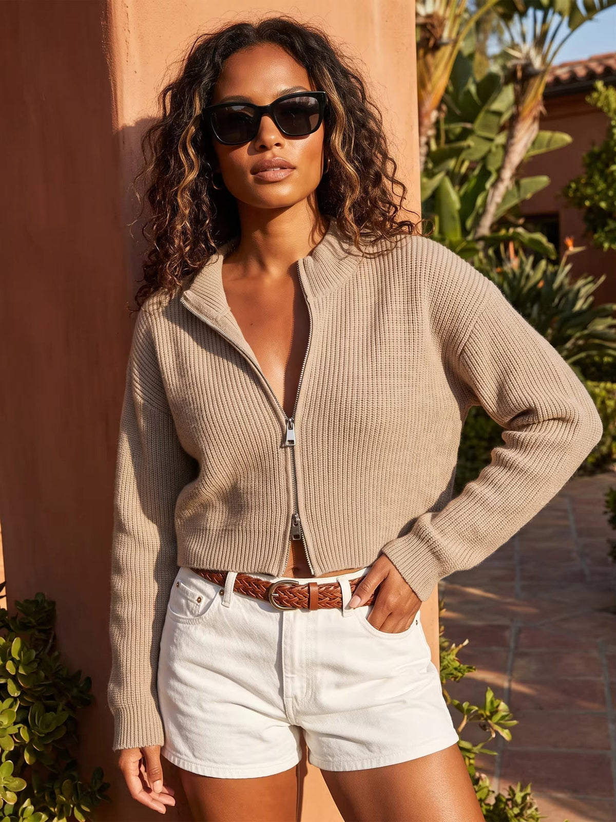Gekürzte Strickjacke mit Doppelreißverschluss