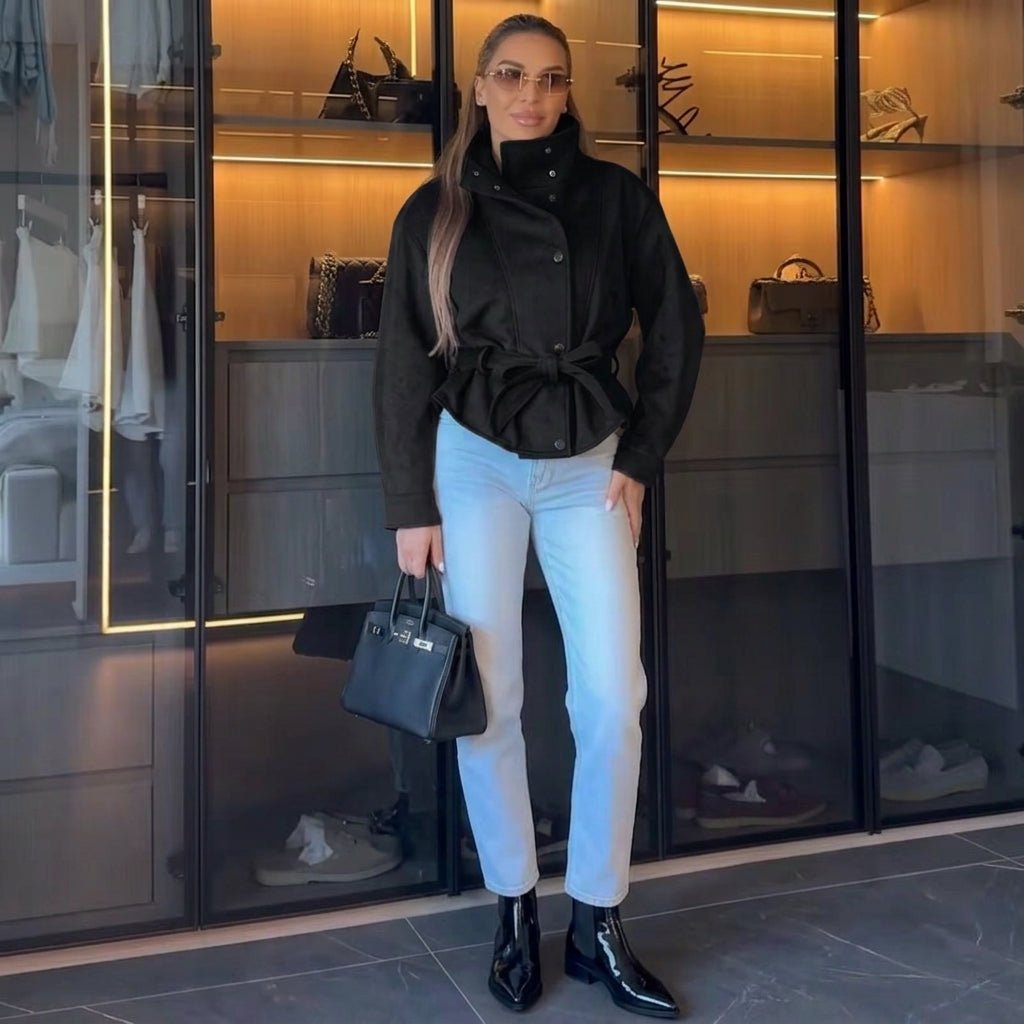 Elegante Jacke in Wildlederoptik mit Gürtel und Schnürung