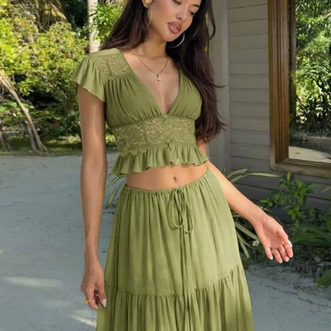Ella – Spitzen-Crop-Top Chiffon Zweiteiler