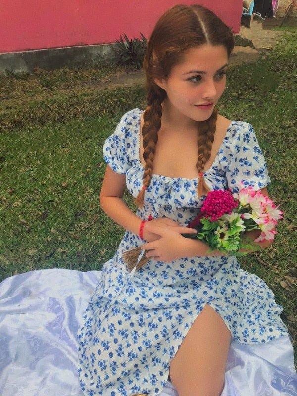 Florales Midi-Kleid mit Puffärmeln und Schlitz
