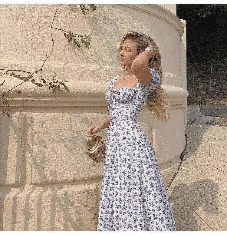 Florales Midi-Kleid mit Puffärmeln und Schlitz