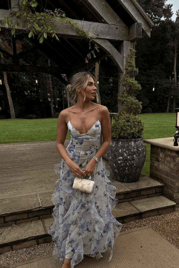 Ärmelloses Maxikleid mit Blumenmuster und Rüschen