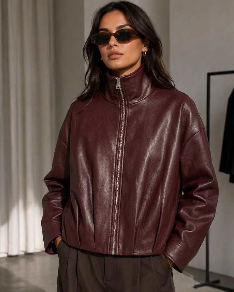 Biker-Jacke aus Kunstleder mit Stehkragen