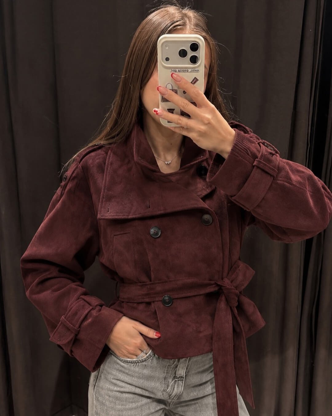 Jacke aus Wildlederimitat mit hohem Kragen und Gürtel