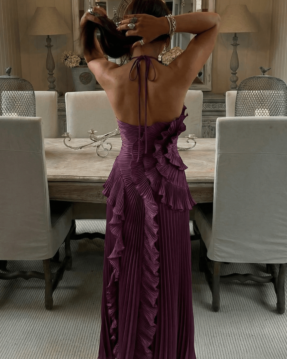 Neckholder Plissee Rüschen Maxikleid