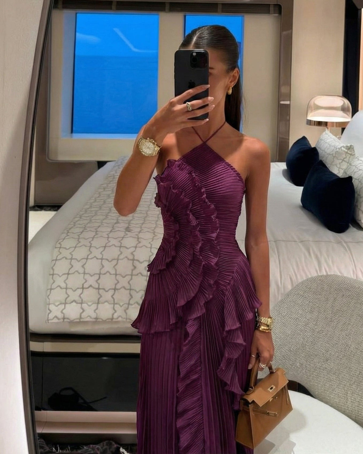 Neckholder Plissee Rüschen Maxikleid