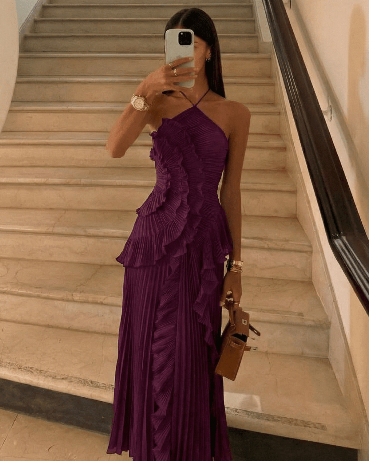 Neckholder Plissee Rüschen Maxikleid