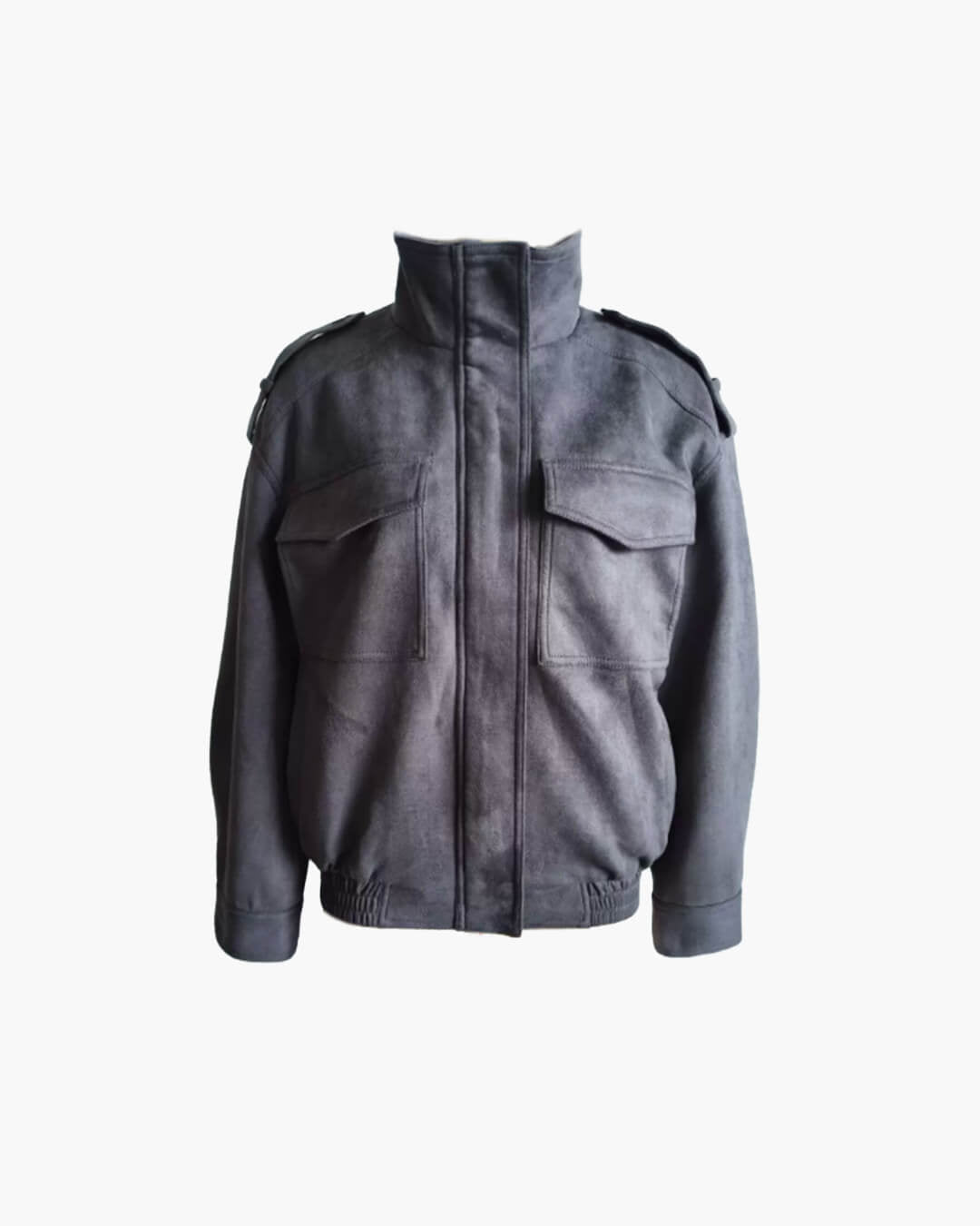 Jacke in Wildlederoptik mit hohem Kragen und Tasche