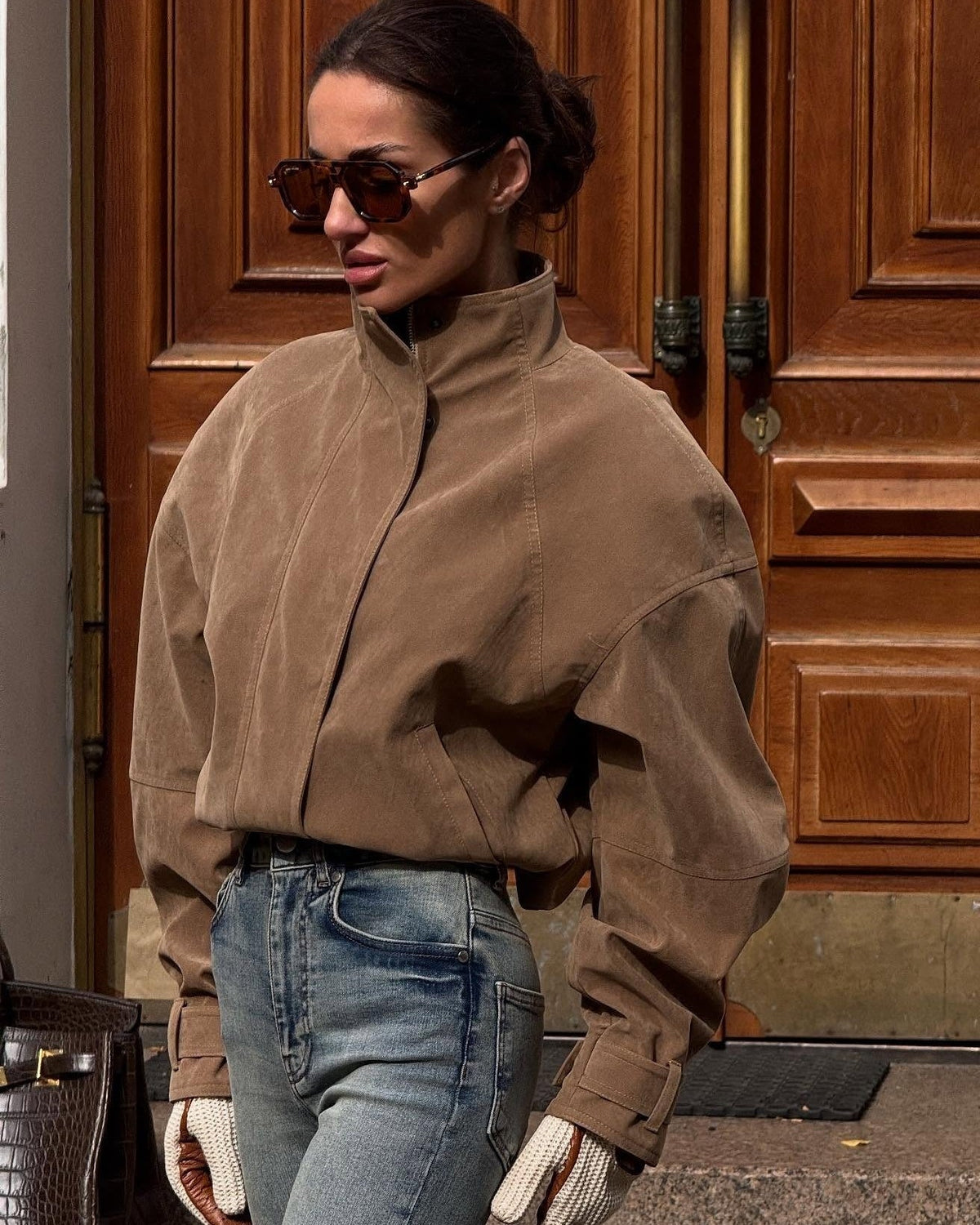 Jacke aus Wildlederimitat mit Stehkragen und Reißverschluss