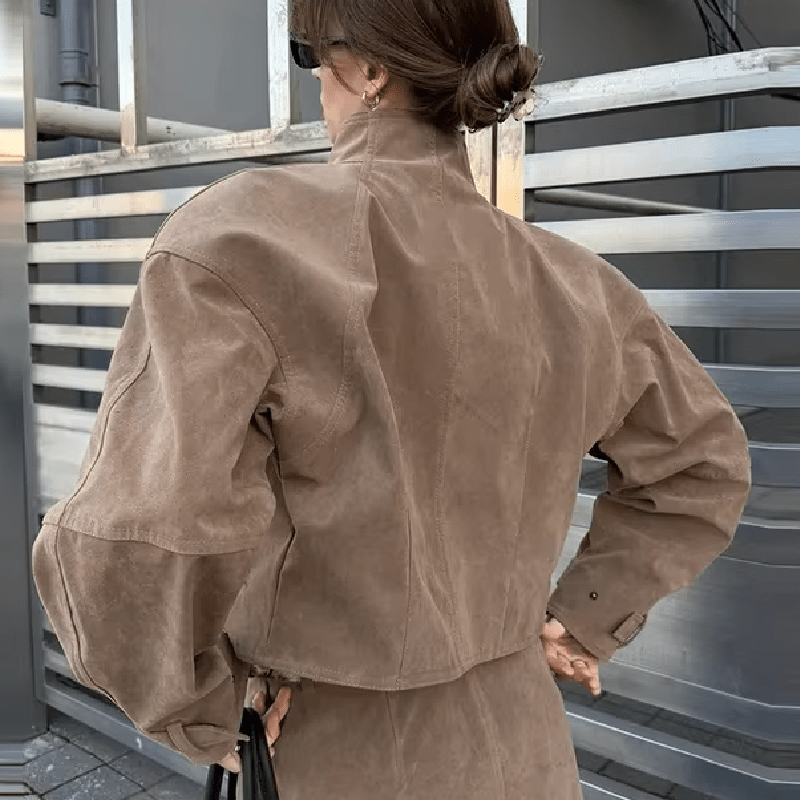 Jacke aus Wildlederimitat mit Stehkragen und Reißverschluss