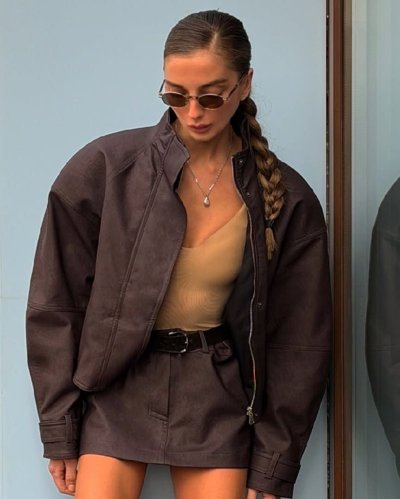 Jacke aus Wildlederimitat mit Stehkragen und Reißverschluss