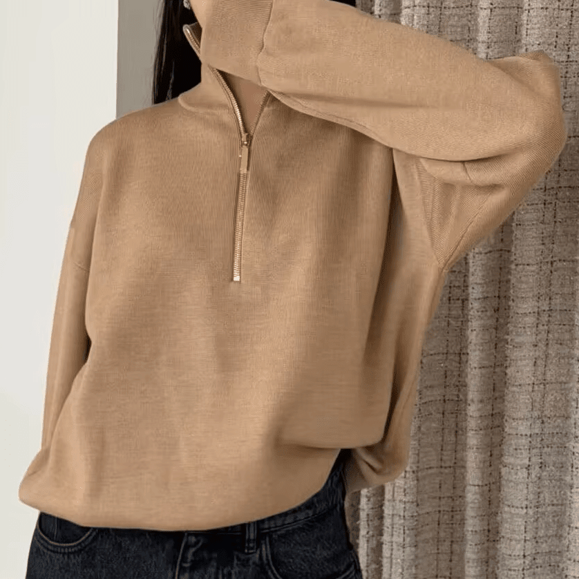 Strickpullover mit hohem Kragen und halbem Reißverschluss