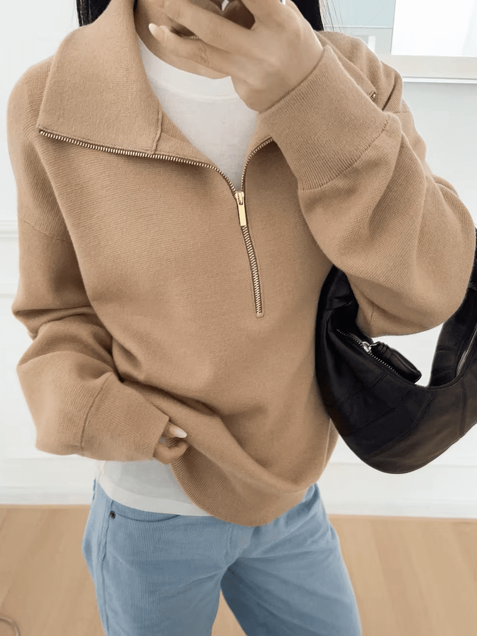 Strickpullover mit hohem Kragen und halbem Reißverschluss