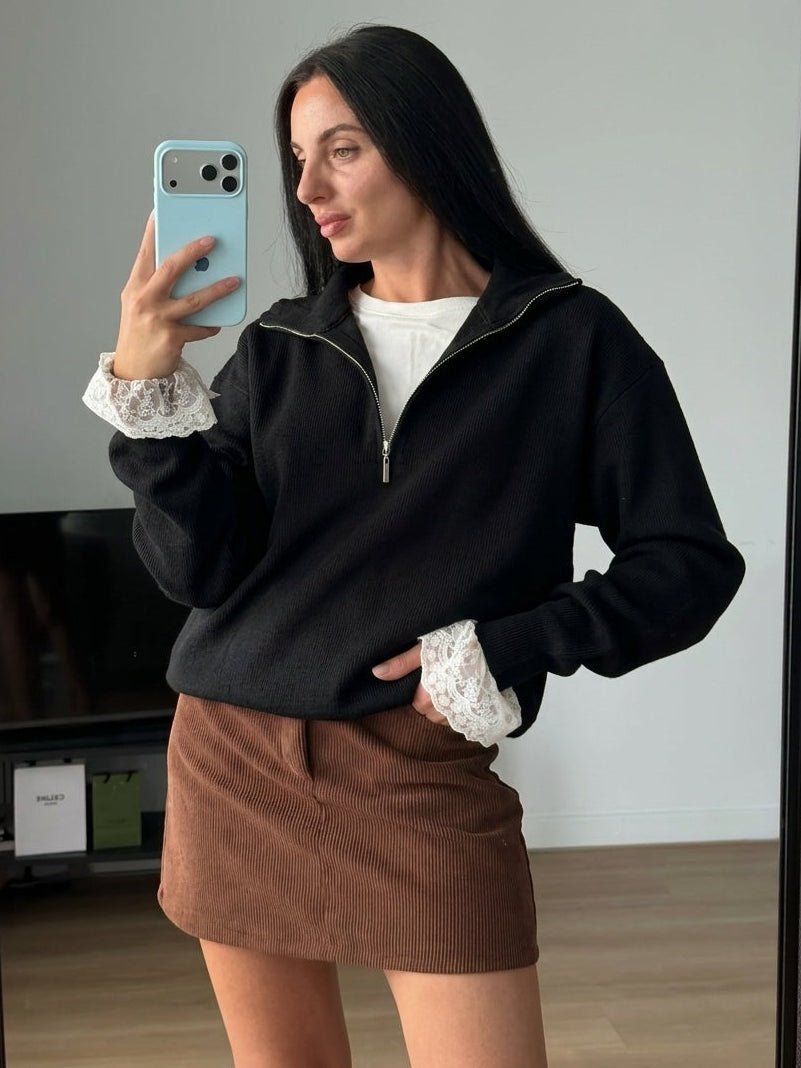 Strickpullover mit hohem Kragen und halbem Reißverschluss