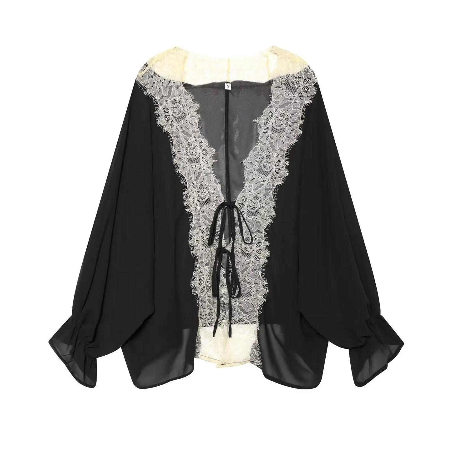 OLANE Lace Patchwork Tie-Front Blouse BlackXSWomen’s Tops