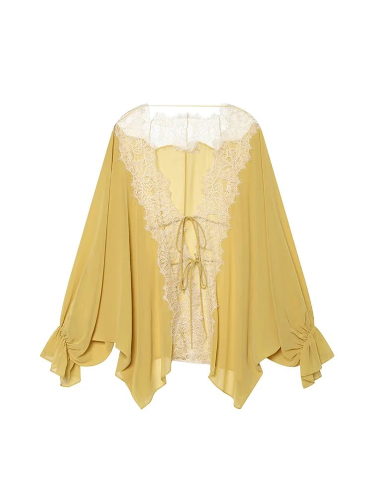 Spitzen-Patchwork-Bluse mit Knoten an der Vorderseite