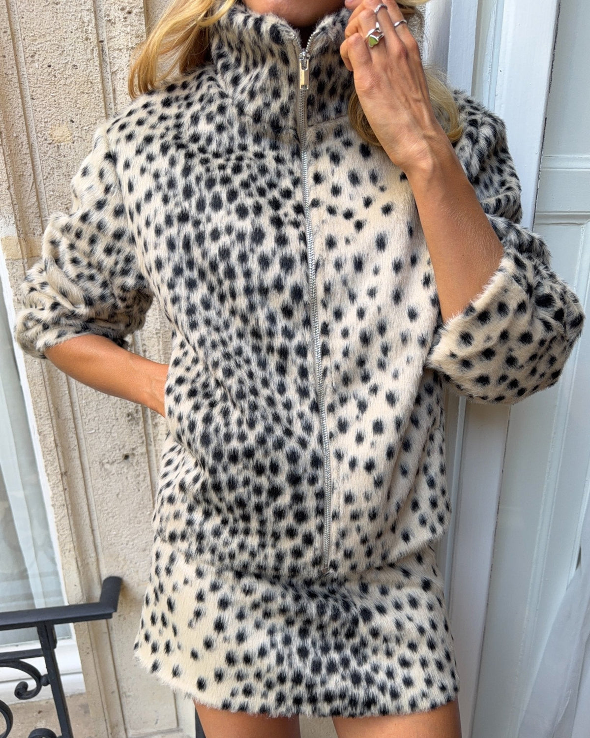 Leopardenmuster Kunstfell Jacke & Minirock Set