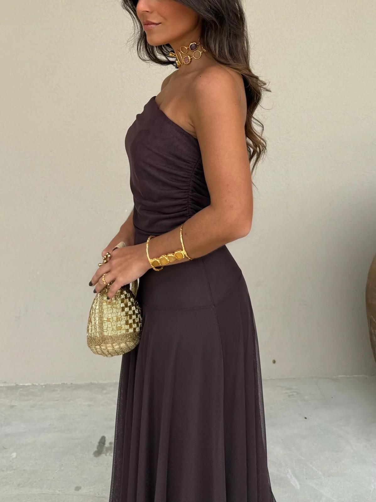 Annie – Leichtes Chiffon Schulterfreies Maxikleid