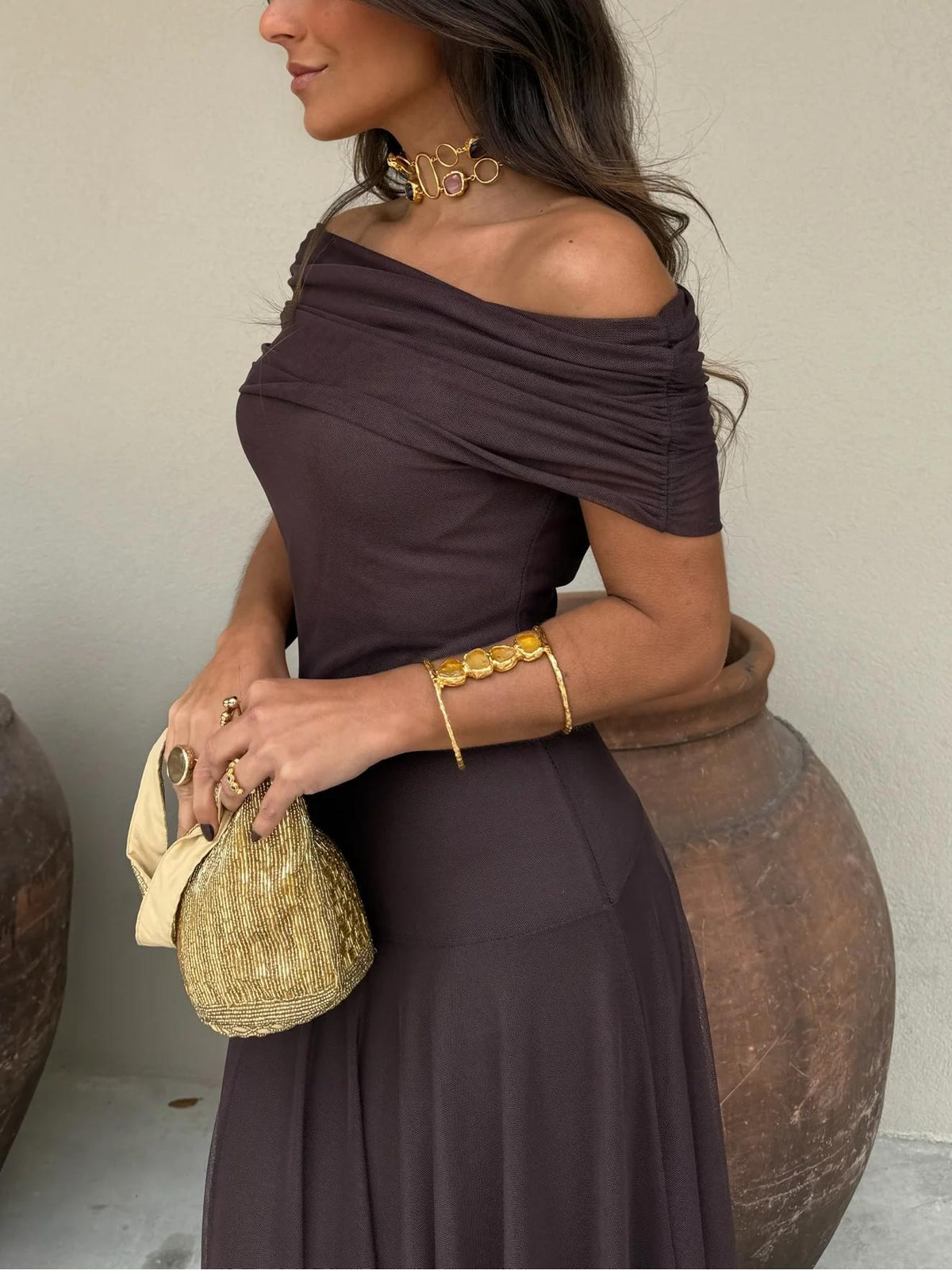 Annie – Leichtes Chiffon Schulterfreies Maxikleid