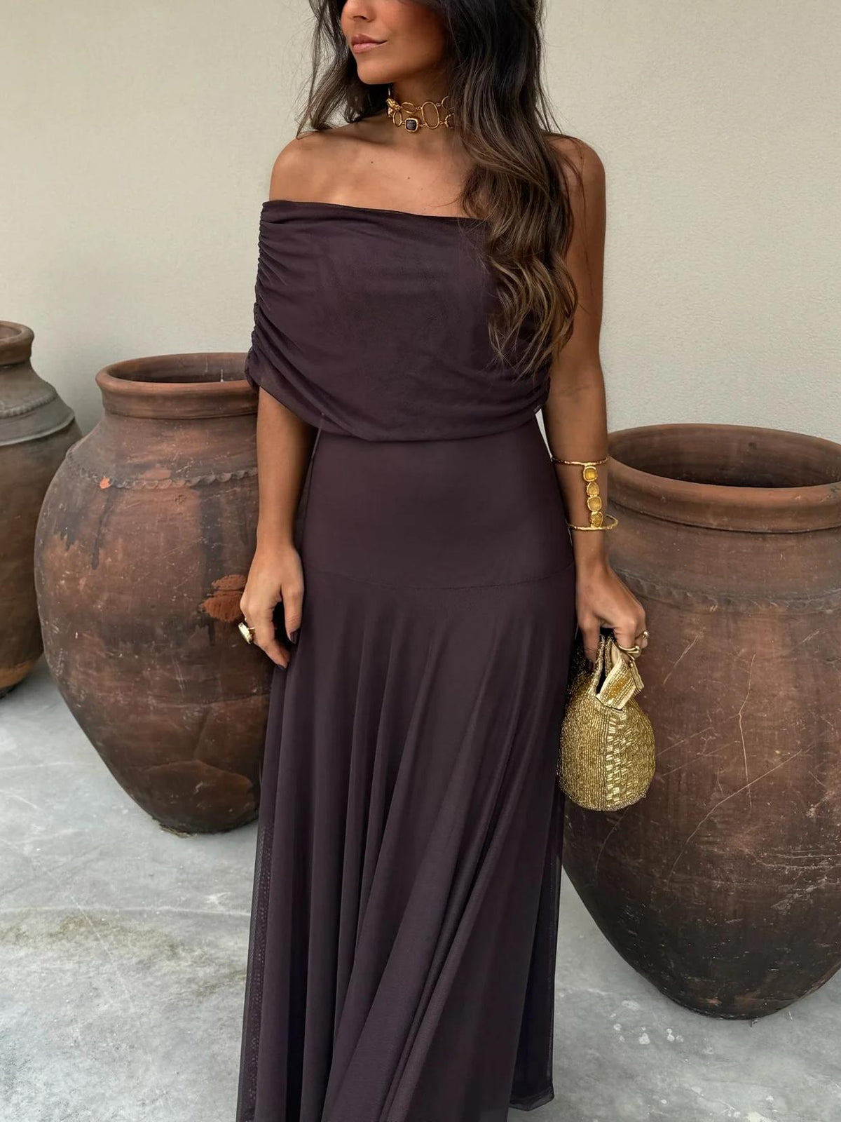 Annie – Leichtes Chiffon Schulterfreies Maxikleid
