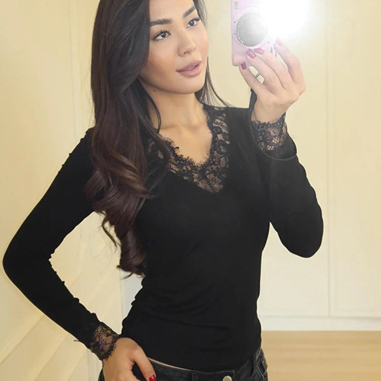 Langarm-Spitzen-V-Ausschnitt Casual Top