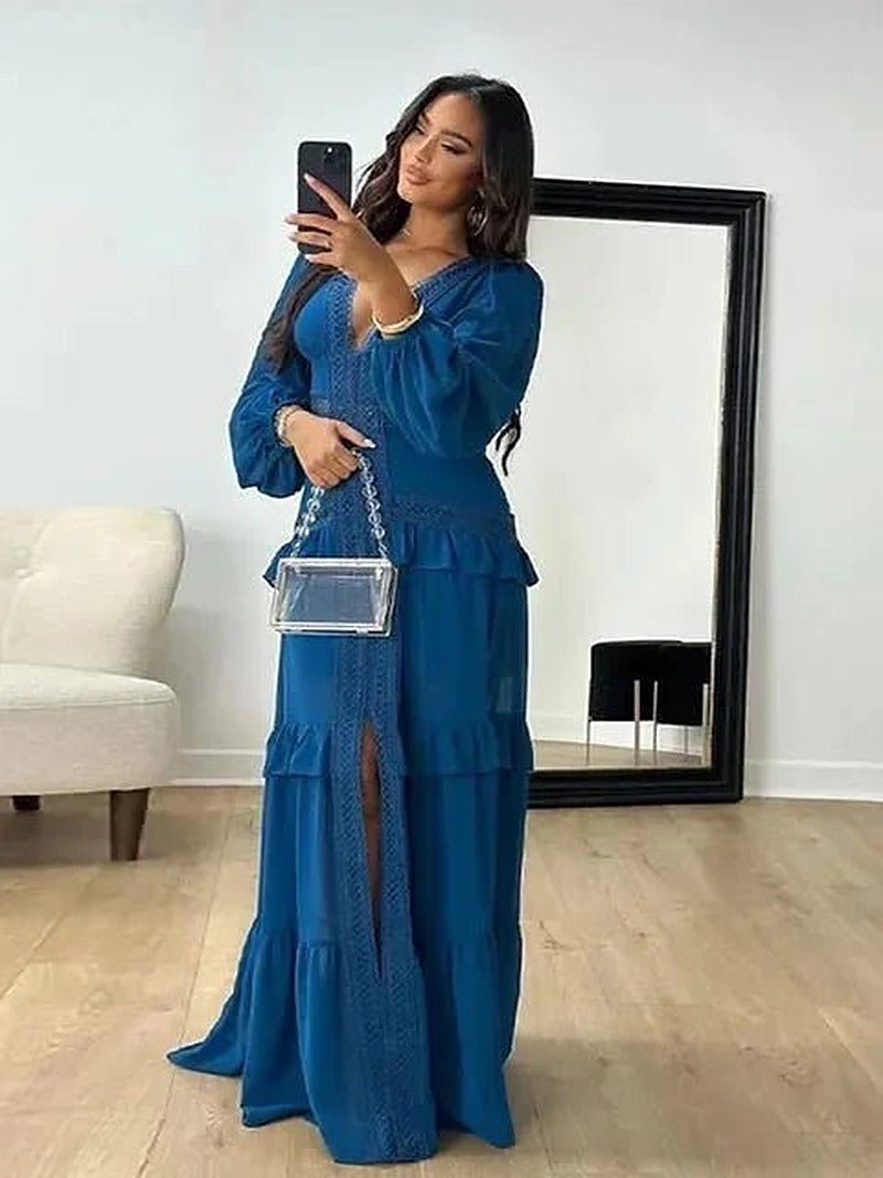 Lucy – Maxikleid mit tiefem V-Ausschnitt und Rüschen