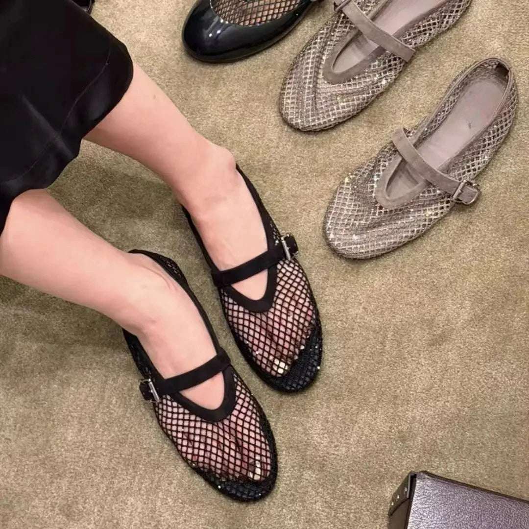Mary Jane Ballerinas mit Strassbesatz aus Mesh