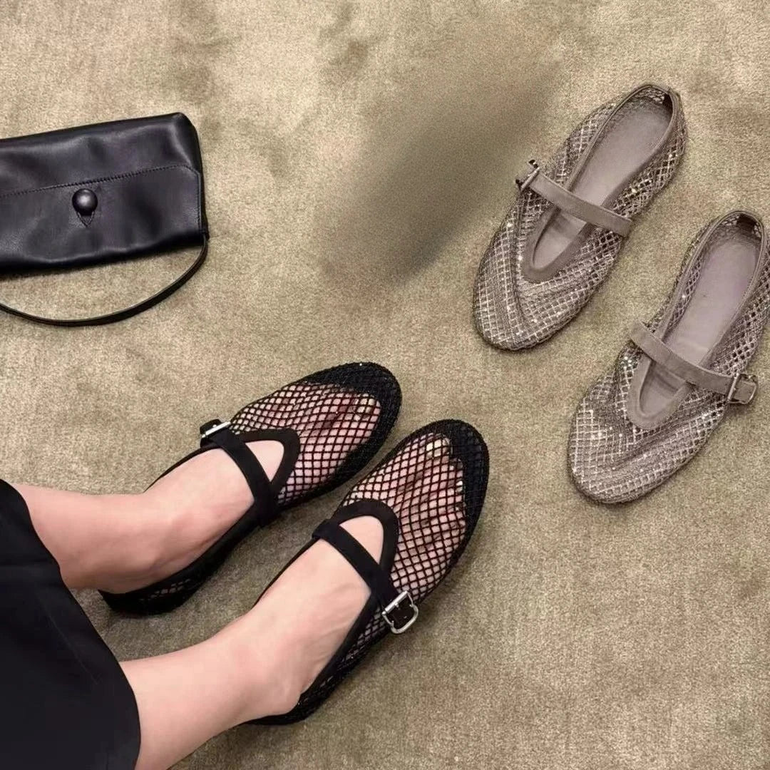 Mary Jane Ballerinas mit Strassbesatz aus Mesh