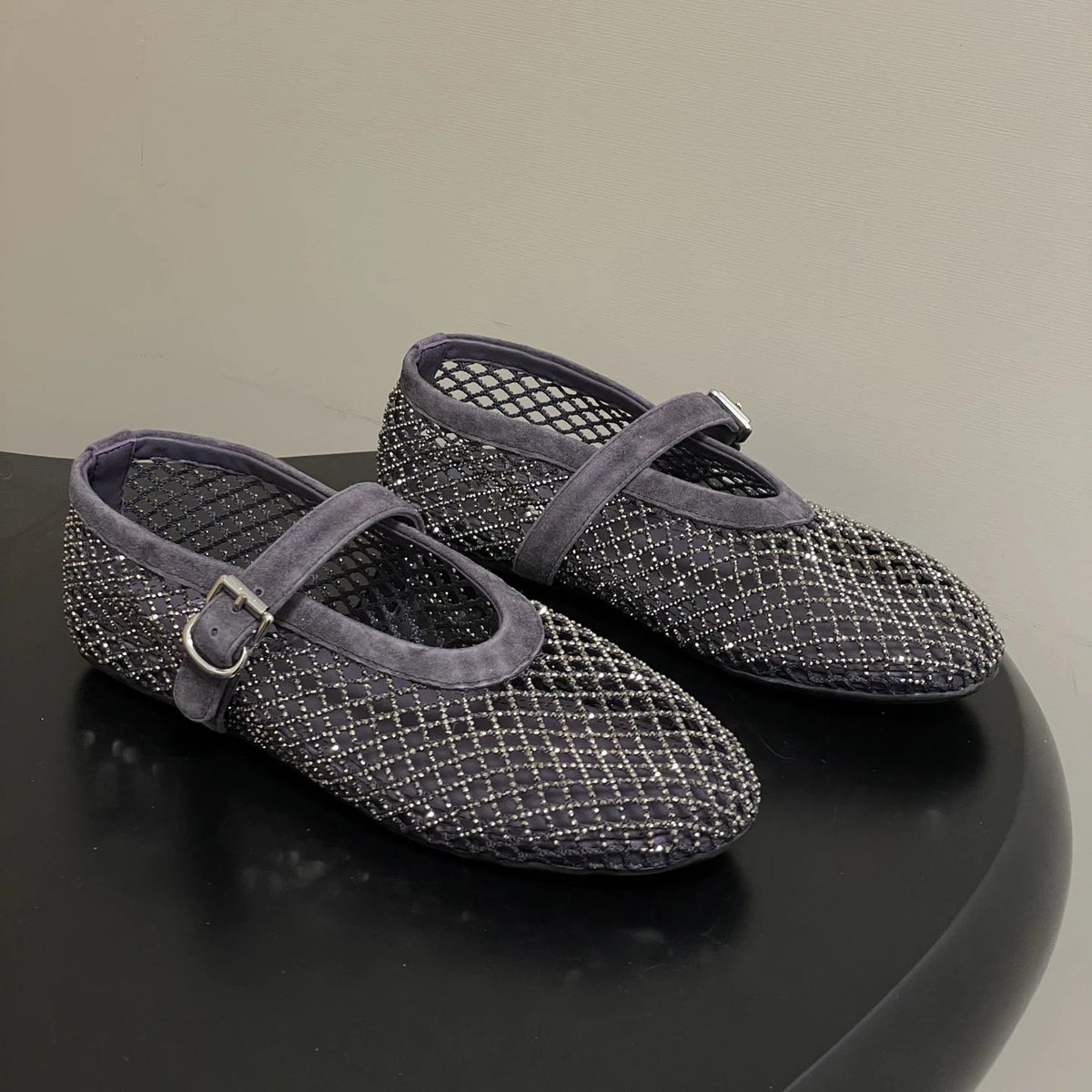 Mary Jane Ballerinas mit Strassbesatz aus Mesh