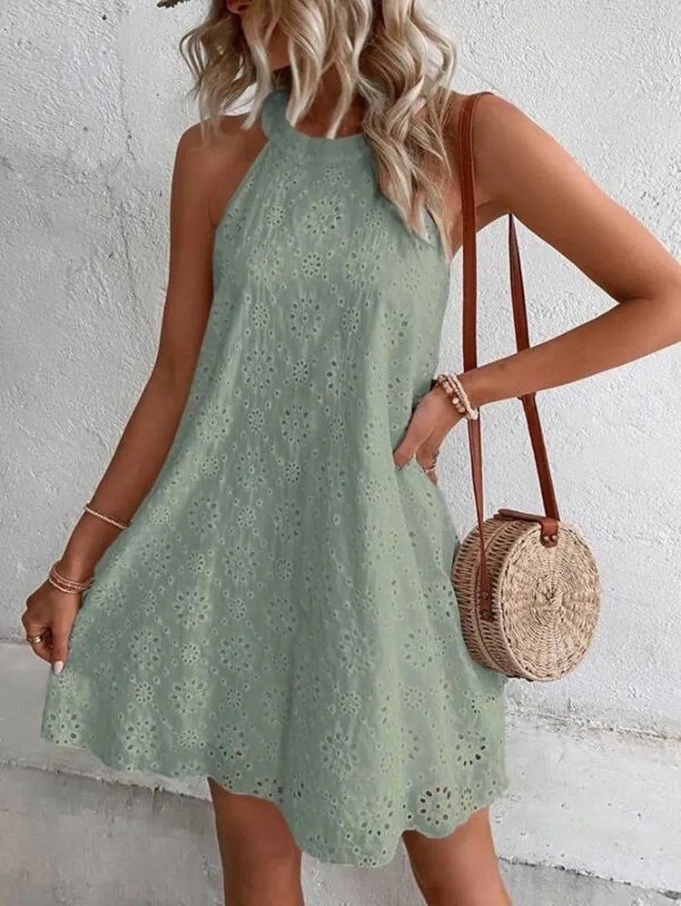 OLANE Nicole Bohemian Eyelet Embroidered Mini Dress Light GreenSWomen's Dresses
