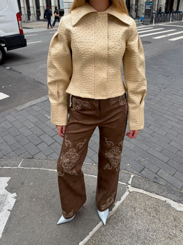 OLANE Ostrich Texture Cropped Faux Leather Jacket Women's Coats & Jackets