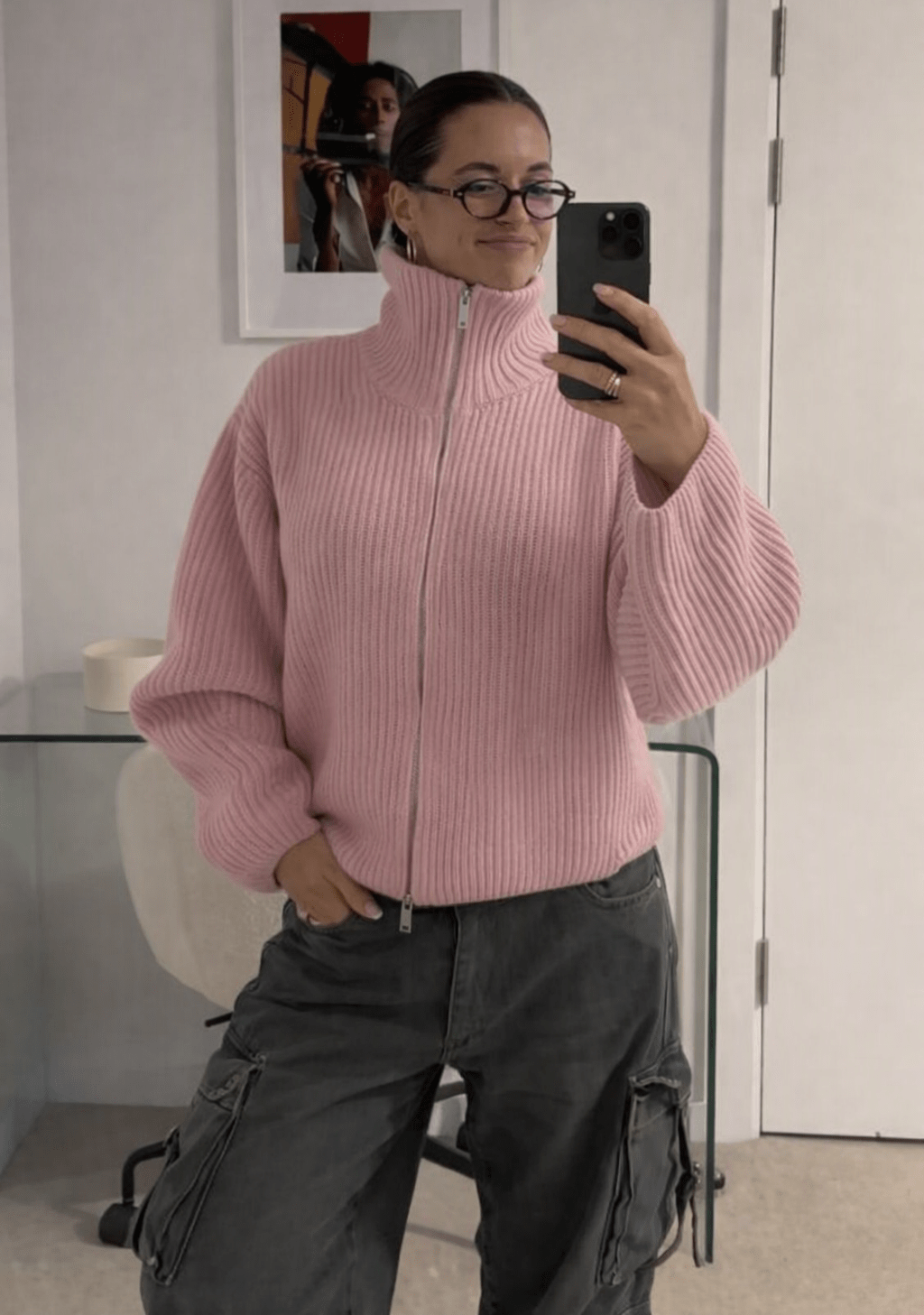 Oversized-Rippstrickpullover mit Reißverschluss