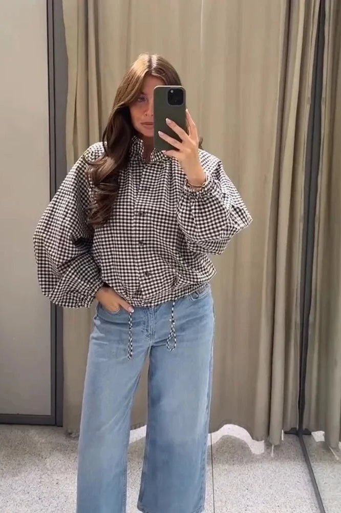 Karierte Jacke mit Kordelzug und hohem Kragen