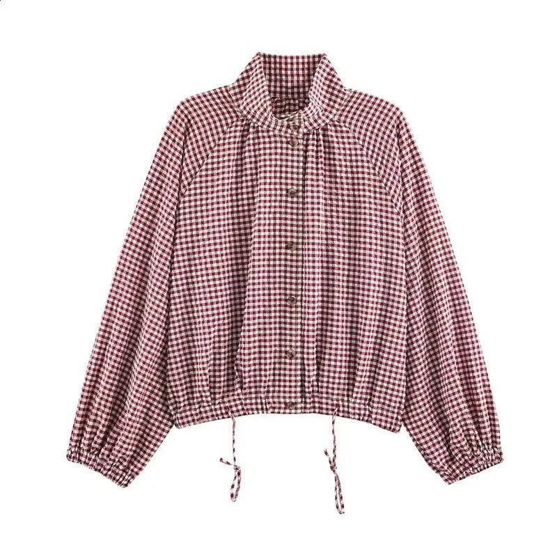 Karierte Jacke mit Kordelzug und hohem Kragen