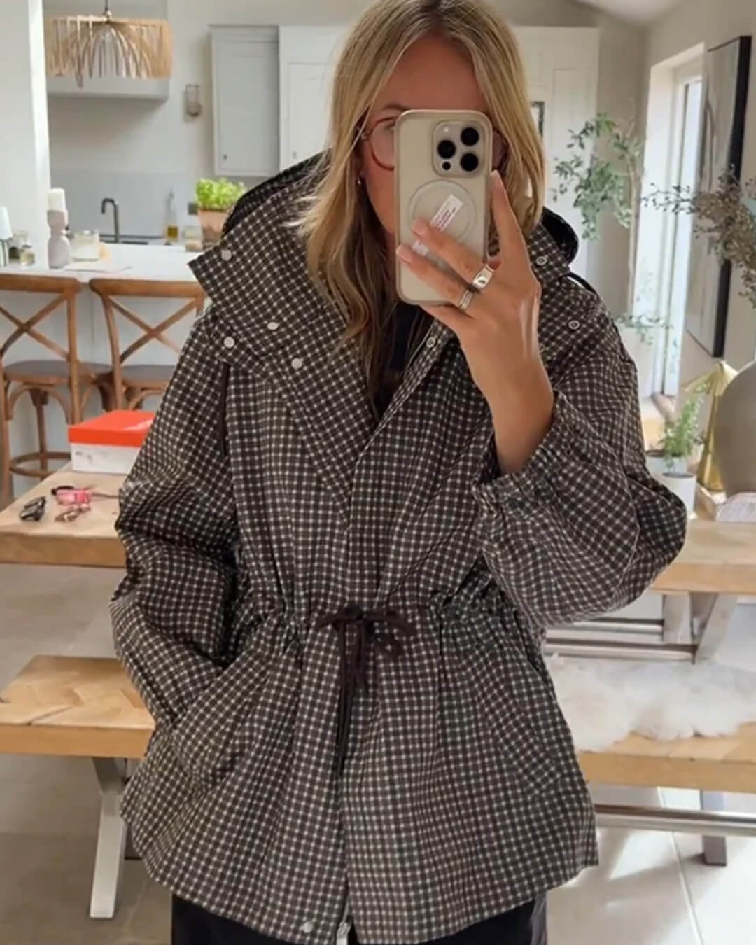 Karo-Kapuzen-Windbreaker-Jacke